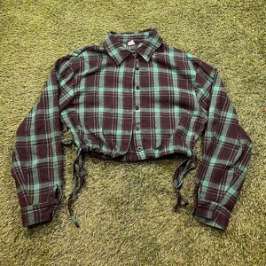 Women's western button down green and black plaid crop top